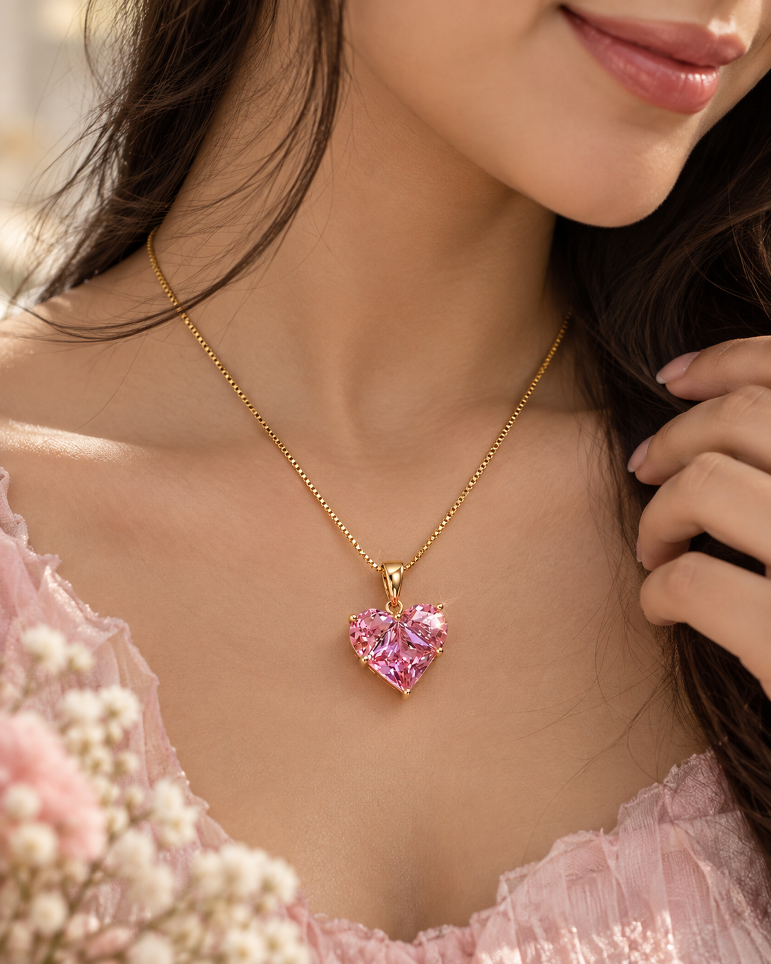 Gold-Plated Anti Tarnish Pink Heart Themed CZ Pendant