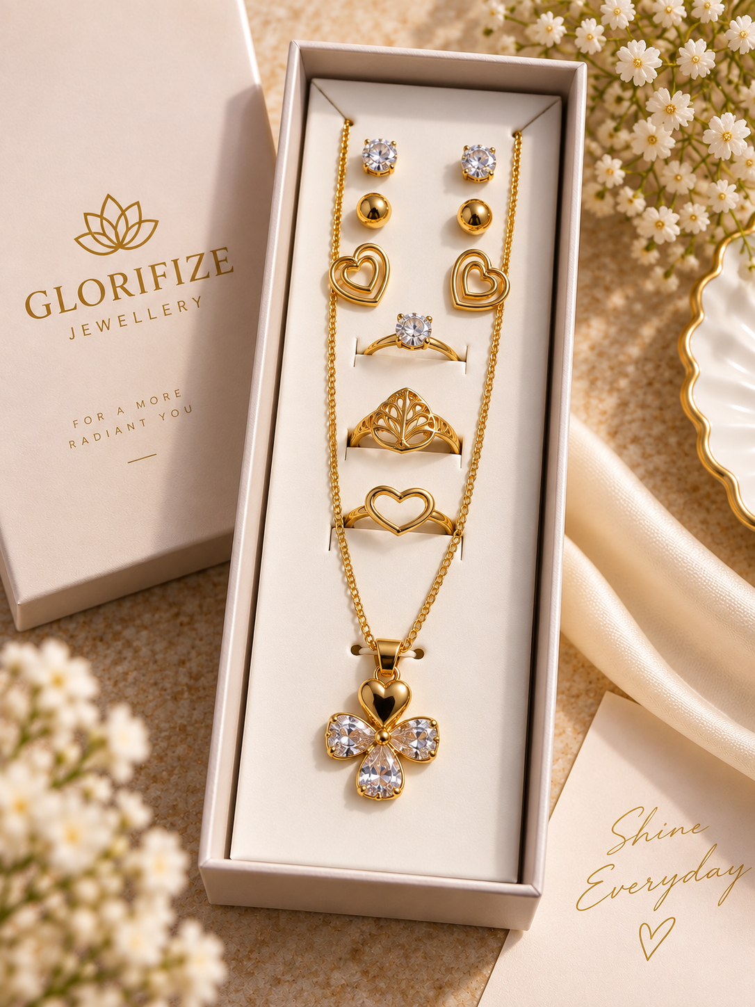 Gold Heart & Floral Jewellery Set