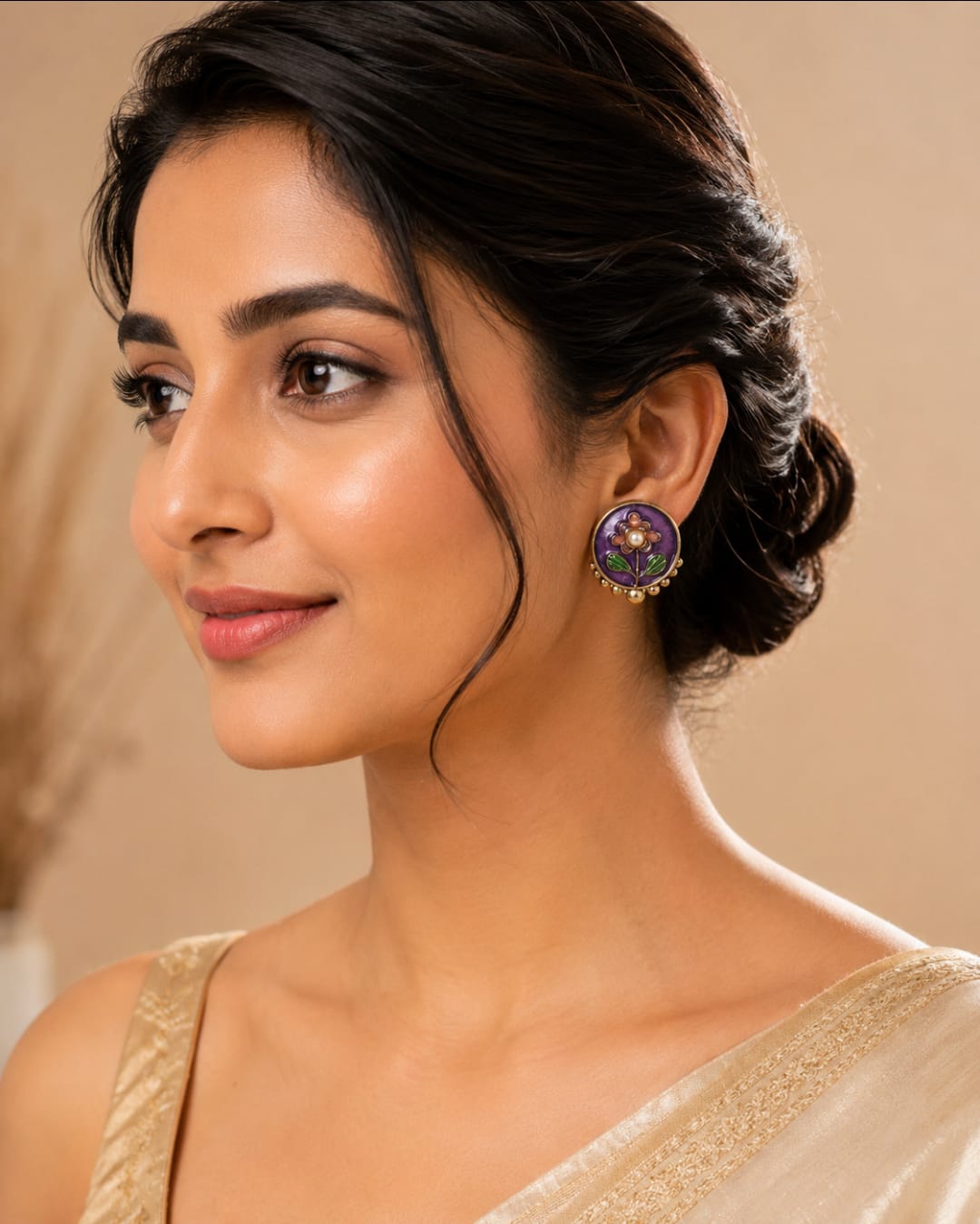 Purple Floral Pearl Stud Earrings | Gold-Plated Enamel Flower Earrings | Elegant Party & Ethnic Wear Earrings for Women