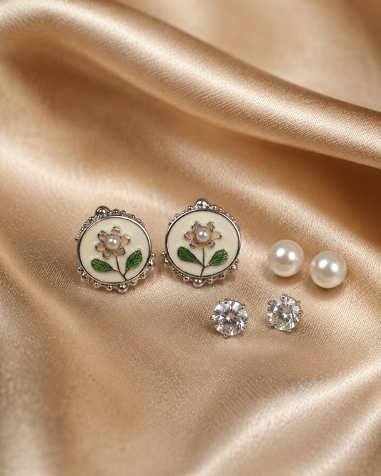 Shreevika Floral Pearl Enamel Stud Earrings | White Enamel Flower Design | Silver-Tone Lightweight Stud Earrings for Women & Girls | Elegant Fashion Jewelry