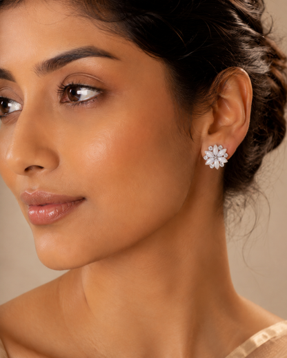 Shreevika White Opal Flower Stud Earrings | Silver-Tone Crystal Floral Stud Earrings for Women & Girls | Elegant Party Wear Fashion Jewelry