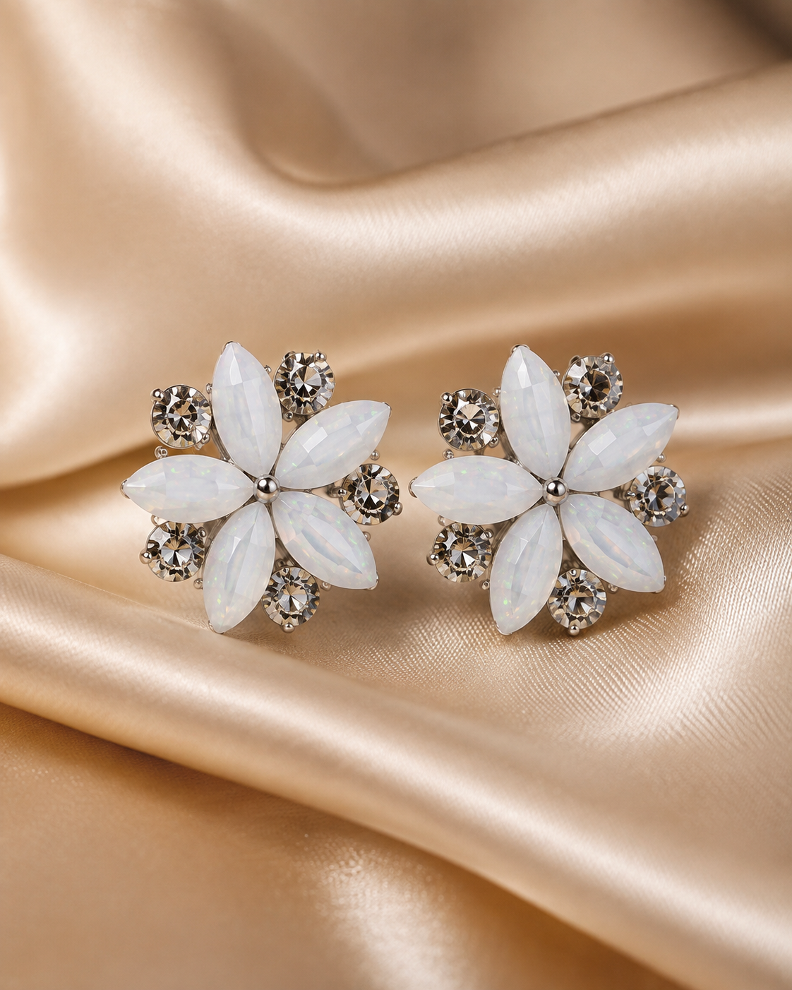 Shreevika White Opal Flower Stud Earrings | Silver-Tone Crystal Floral Stud Earrings for Women & Girls | Elegant Party Wear Fashion Jewelry