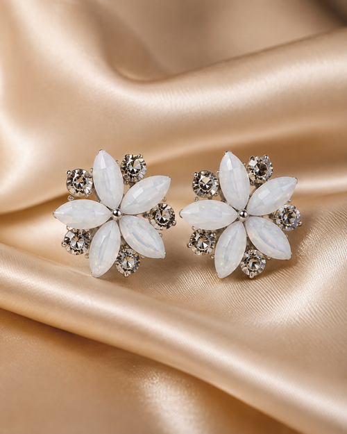 Shreevika White Opal Flower Stud Earrings | Silver-Tone Crystal Floral Stud Earrings for Women & Girls | Elegant Party Wear Fashion Jewelry