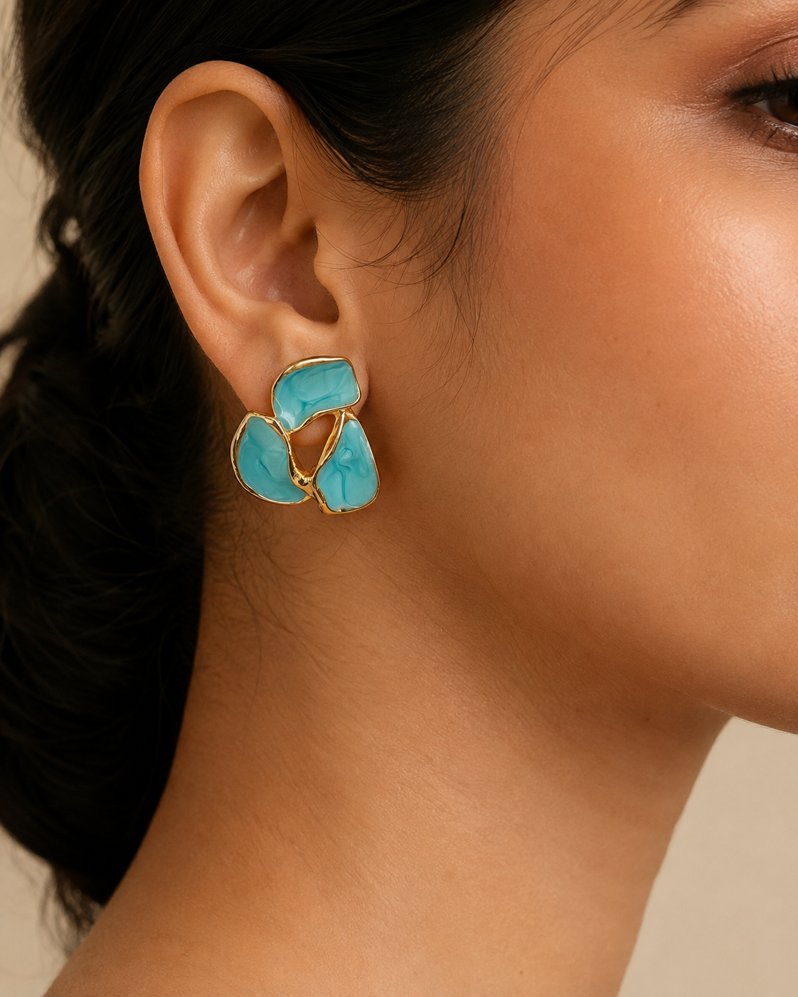 Shreevika Aqua Blue Enamel Abstract Stud Earrings | Gold-Tone Contemporary Geometric Earrings for Women & Girls | Lightweight Statement Fashion Jewelry