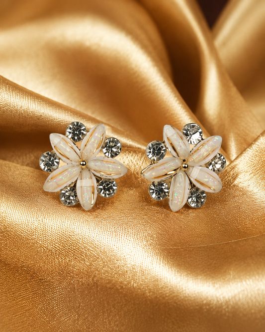 Shreevika White Opal Floral Stud Earrings | Gold-Plated Crystal Flower Stud Earrings for Women & Girls | Elegant Lightweight Party Wear Fashion Jewelry