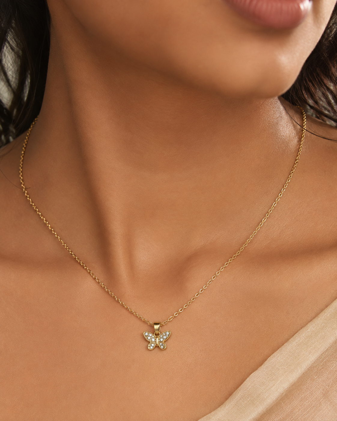Butterfly Crystal Pendant Necklace – Elegant Gold-Plated Charm Necklace for Women