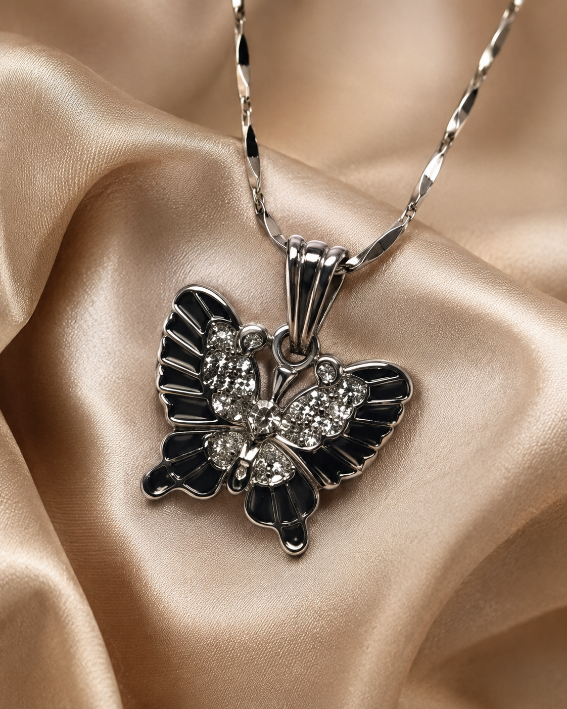 Crystal Butterfly Pendant Necklace for Women – Silver Plated