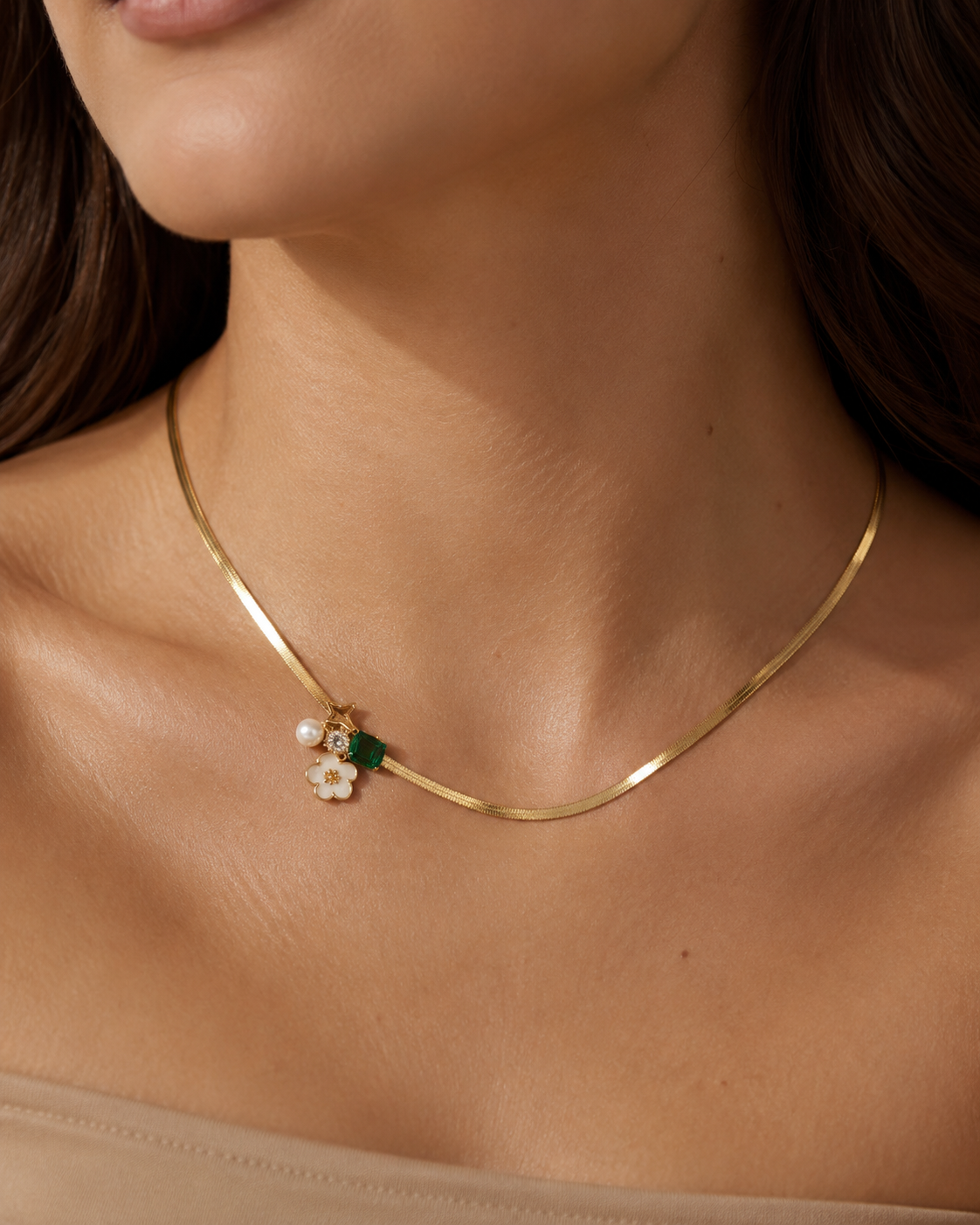 Emerald Bloom Charm Necklace – Gold Plated Snake Chain