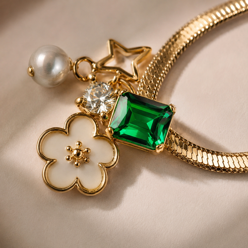 Emerald Bloom Charm Necklace – Gold Plated Snake Chain