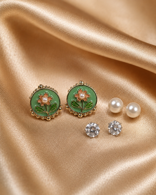 3 Pairs Green Floral Stud Earrings Set for Women | Enamel Flower, Pearl & CZ Diamond Stud Earrings | Gold-Plated Fashion Jewelry