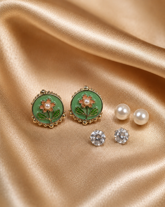 3 Pairs Green Floral Stud Earrings Set for Women | Enamel Flower, Pearl & CZ Diamond Stud Earrings | Gold-Plated Fashion Jewelry