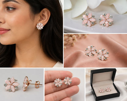 Pink Blossom Crystal Stud Earrings for Women | Rose Gold-Plated Floral Earrings | Elegant Party & Daily Wear Jewelry