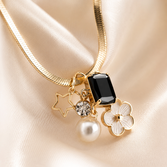 Chain Necklace with Black Stone, Pearl, Crystal, Star & Floral Charms | Korean Fashion Jewelry