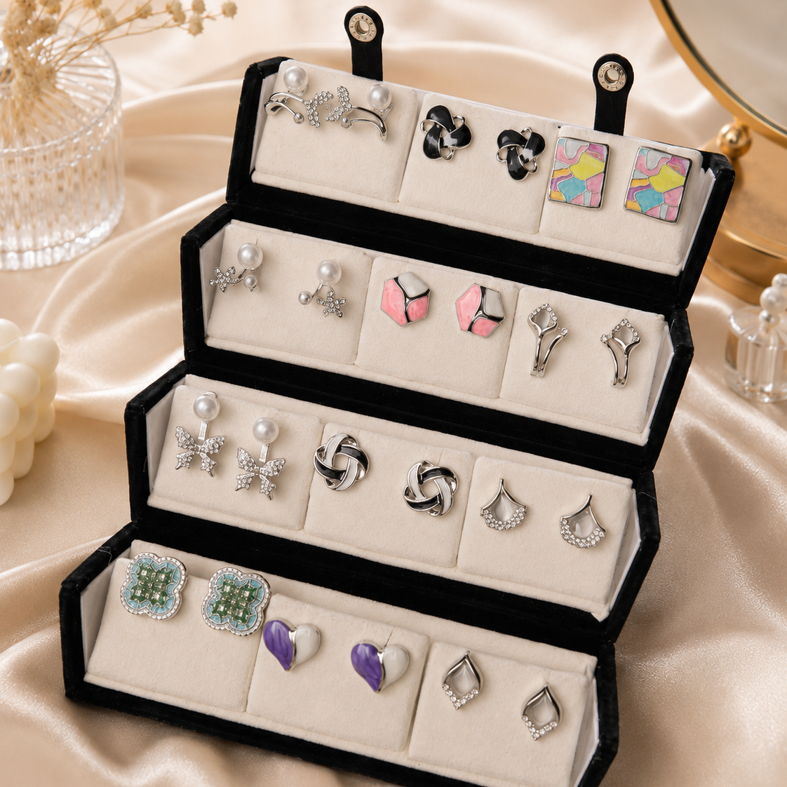 Shreevika Premium Korean Style Stud Earrings Combo for Women & Girls | 12 Pairs | Silver-Plated Fashion Earrings | Lightweight Daily Wear | Gift Set