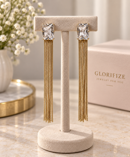 Gold-Tone Crystal Rectangular Tassel Earrings
