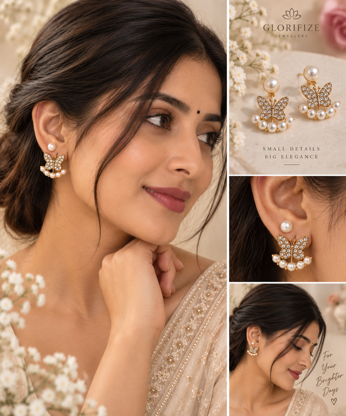 Convertible Buttrerfly Faux Pearl Crystal Earrings.