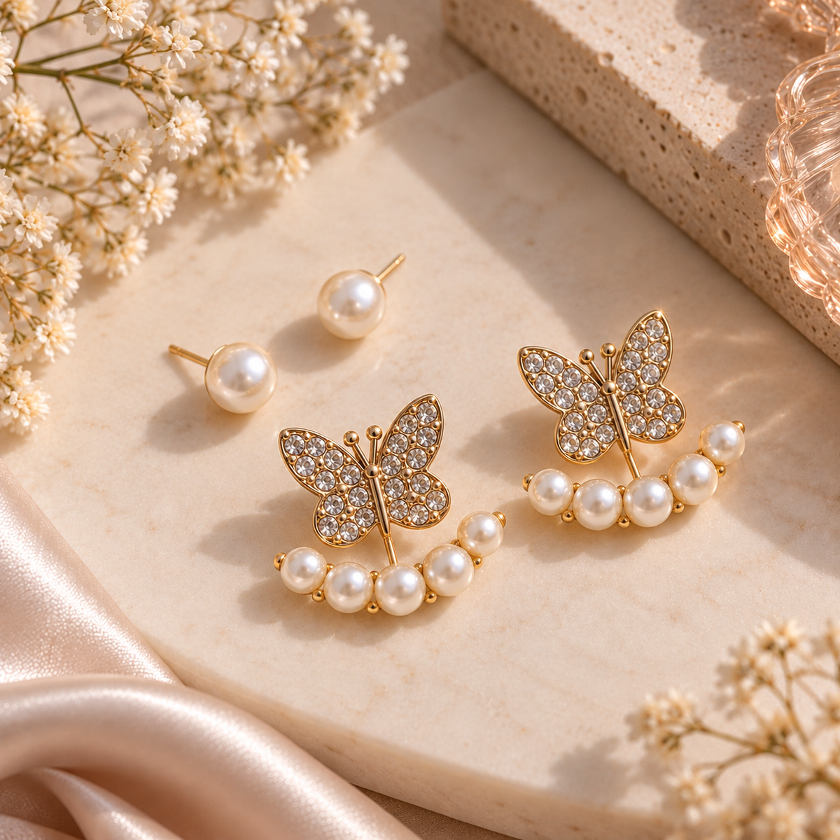 Convertible Buttrerfly Faux Pearl Crystal Earrings.