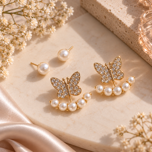 Convertible Buttrerfly Faux Pearl Crystal Earrings.