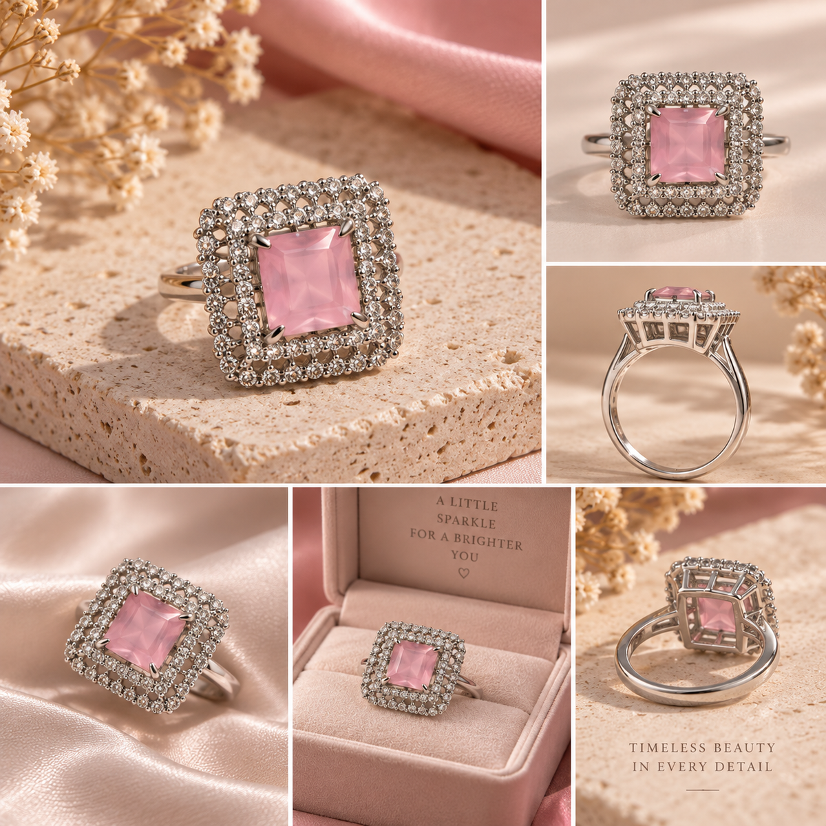 Soft Pink Crystal Square Rings (Adjustale Size)