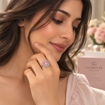 Soft Pink Crystal Square Rings (Adjustale Size)