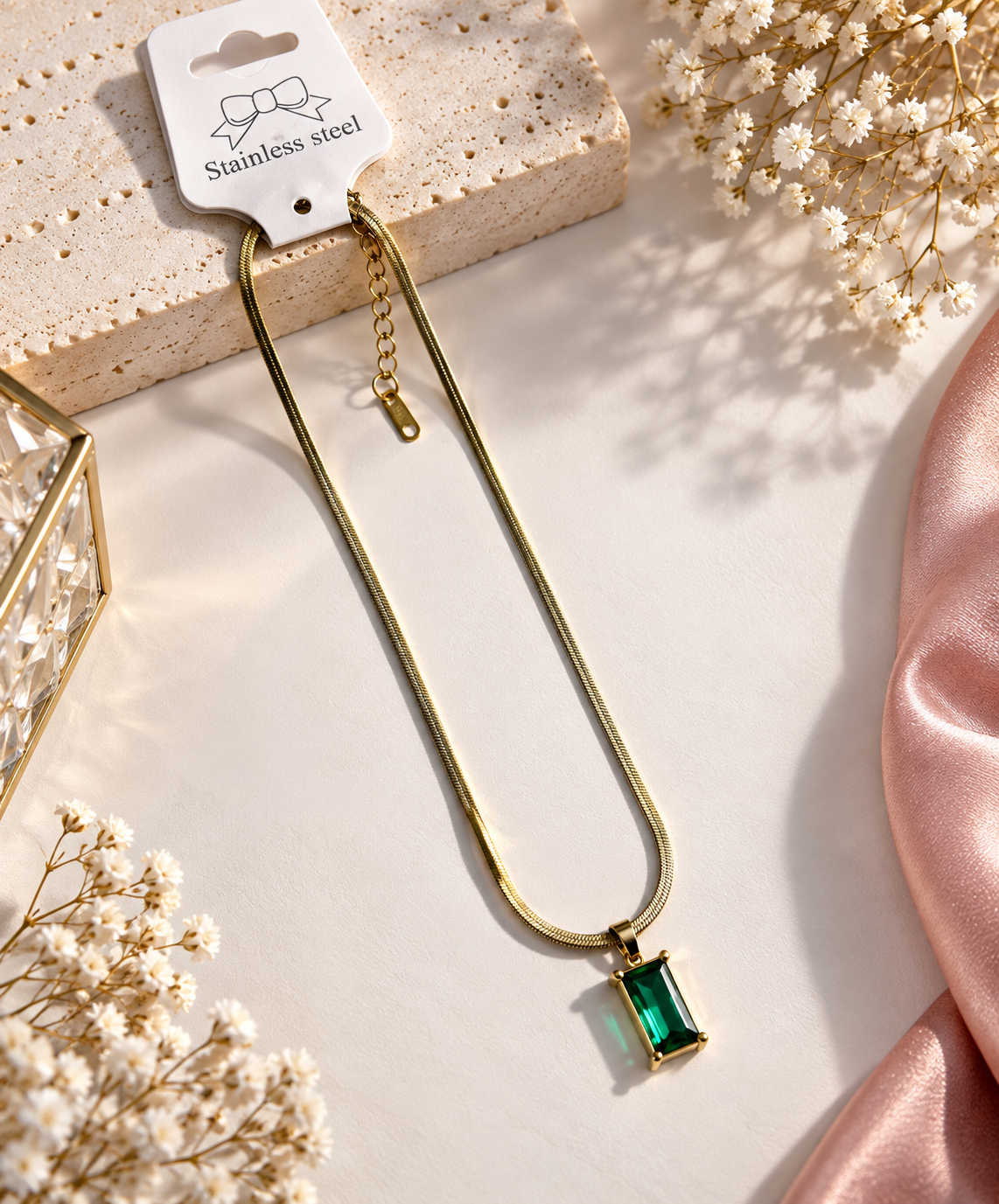 Gold-Plated Anti Tarnish Green Geomatric Pendant