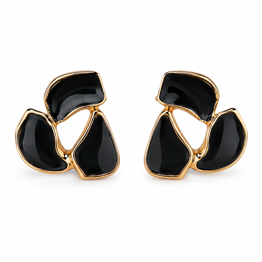 Shreevika Black Enamel Abstract Floral Stud Earrings | Gold-Tone Geometric Earrings for Women & Girls | Lightweight Fashion Jewelry