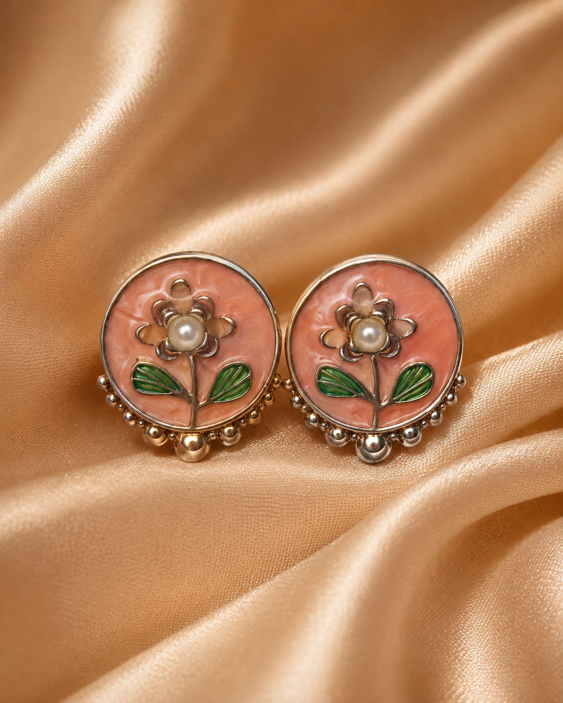 3 Pairs Floral Enamel Stud Earrings Set for Women | Pearl, CZ Diamond & Peach Flower Studs | Gold-Plated Fashion Jewelry