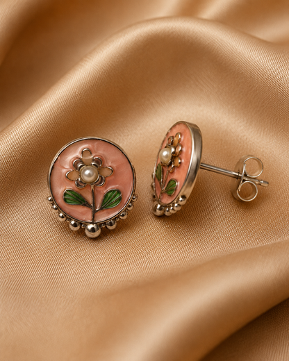 3 Pairs Floral Enamel Stud Earrings Set for Women | Pearl, CZ Diamond & Peach Flower Studs | Gold-Plated Fashion Jewelry