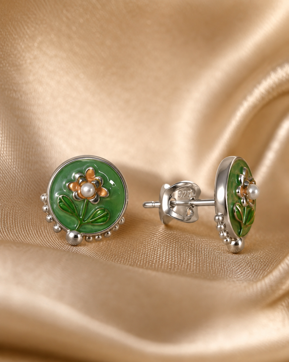 3 Pairs Green Floral Stud Earrings Set for Women | Enamel Flower, Pearl & CZ Diamond Stud Earrings | Gold-Plated Fashion Jewelry