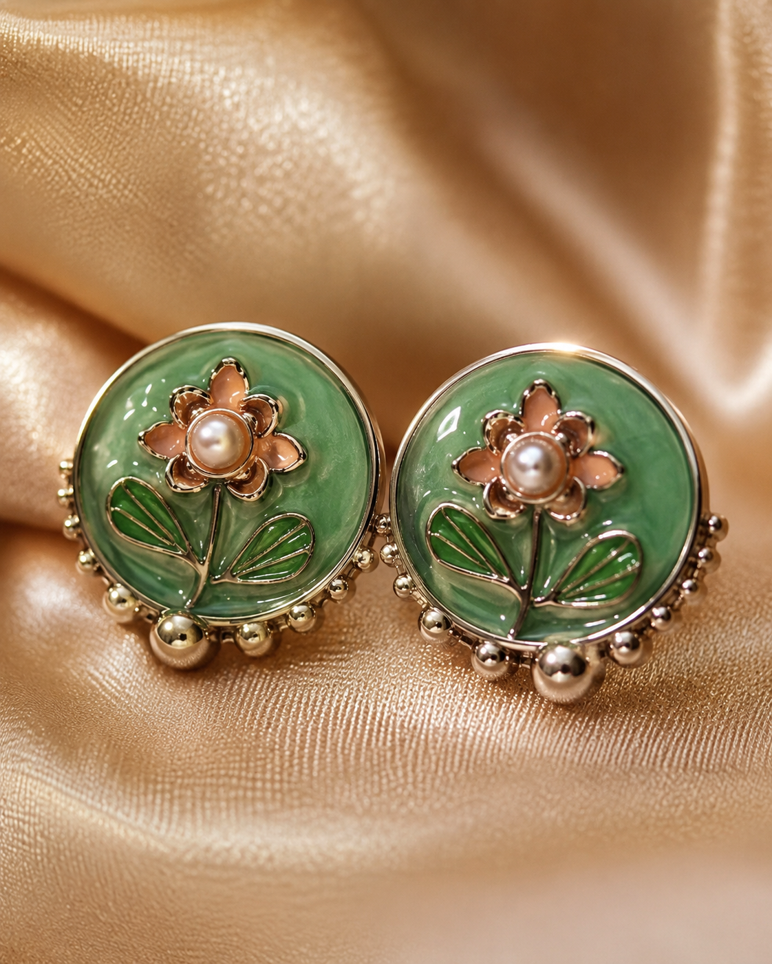 3 Pairs Green Floral Stud Earrings Set for Women | Enamel Flower, Pearl & CZ Diamond Stud Earrings | Gold-Plated Fashion Jewelry