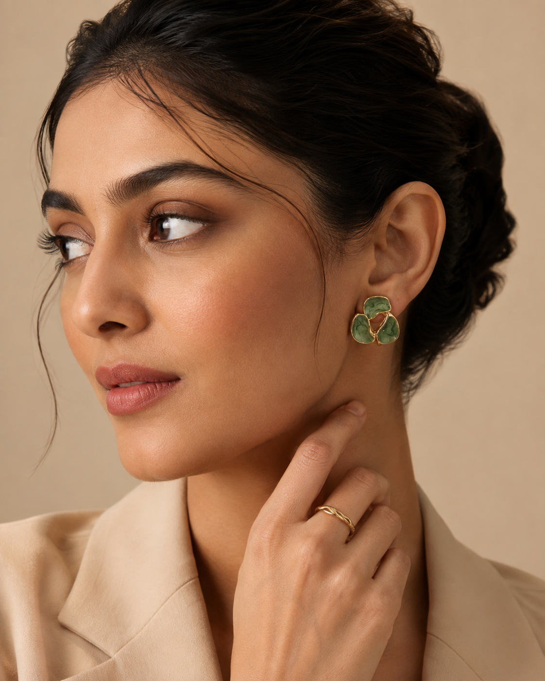 3 Pairs Green Floral Stud Earrings Set for Women | Enamel Flower, Pearl & CZ Diamond Stud Earrings | Gold-Plated Fashion Jewelry