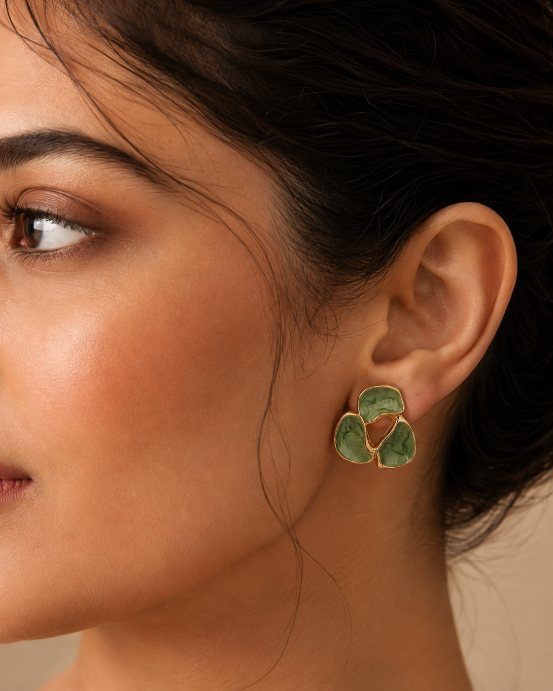 3 Pairs Green Floral Stud Earrings Set for Women | Enamel Flower, Pearl & CZ Diamond Stud Earrings | Gold-Plated Fashion Jewelry
