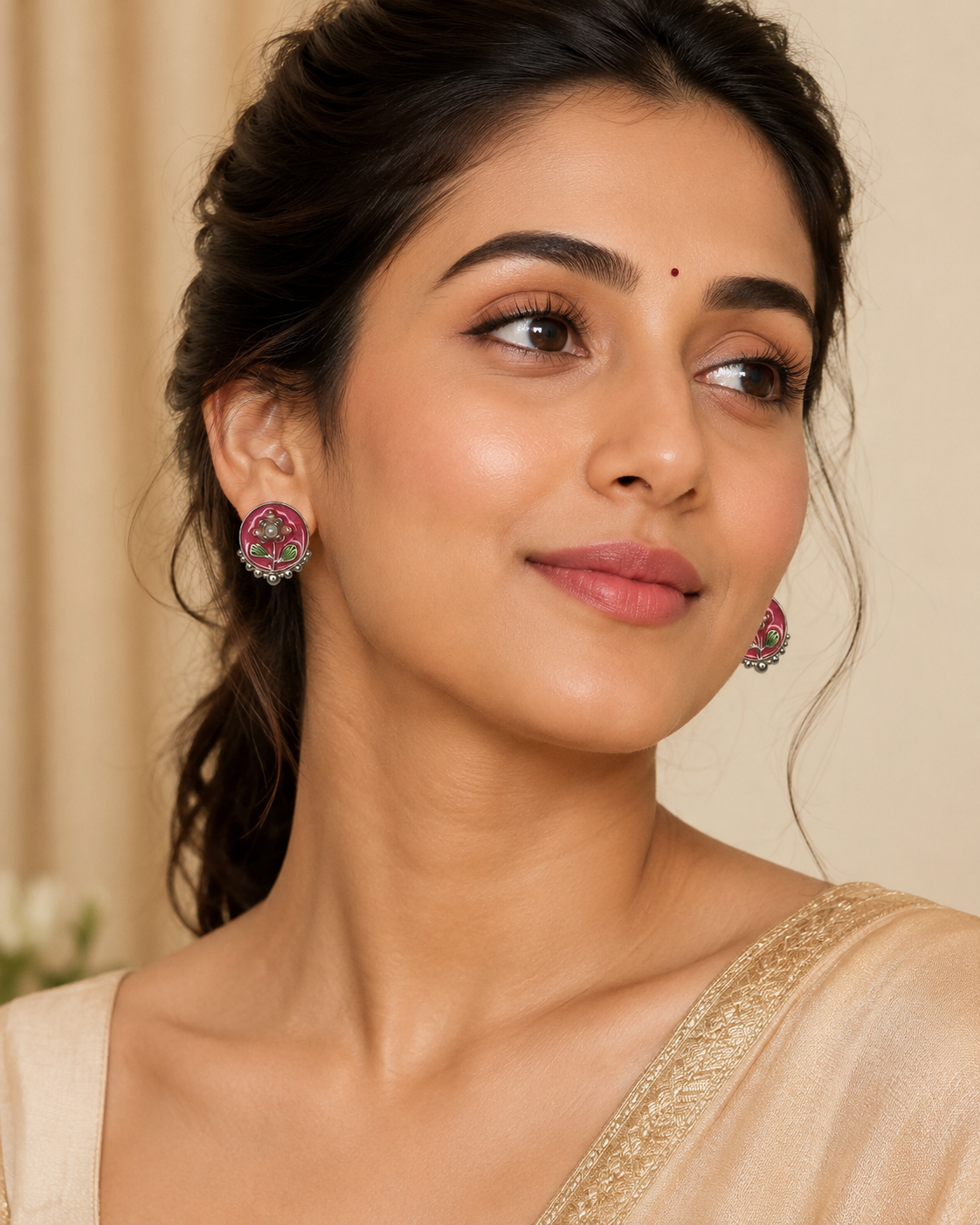 3 Pairs Pink Floral Stud Earrings Set for Women | Floral Enamel, Pearl & CZ Diamond Studs | Silver-Plated Fashion Jewelry