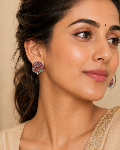3 Pairs Pink Floral Stud Earrings Set for Women | Floral Enamel, Pearl & CZ Diamond Studs | Silver-Plated Fashion Jewelry