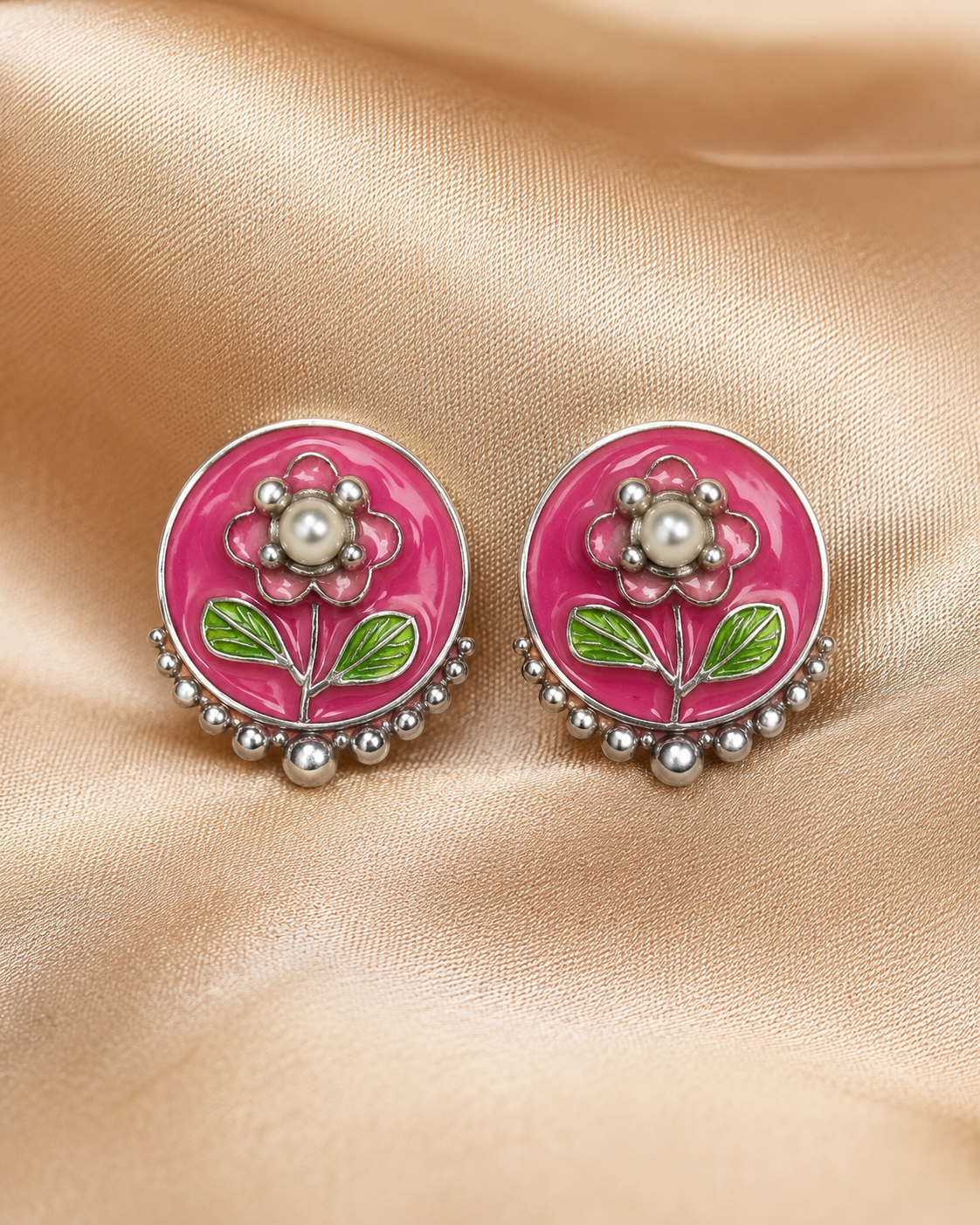 3 Pairs Pink Floral Stud Earrings Set for Women | Floral Enamel, Pearl & CZ Diamond Studs | Silver-Plated Fashion Jewelry