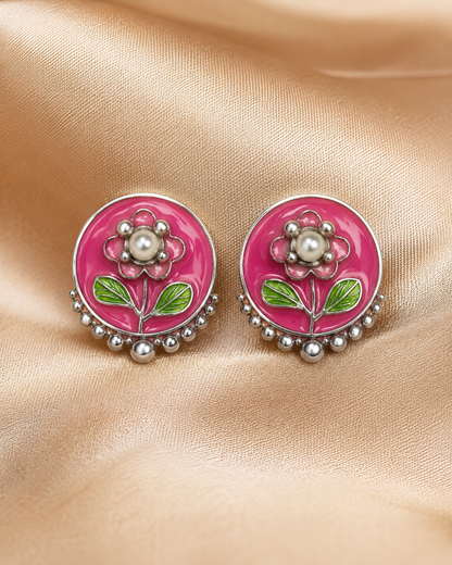 3 Pairs Pink Floral Stud Earrings Set for Women | Floral Enamel, Pearl & CZ Diamond Studs | Silver-Plated Fashion Jewelry