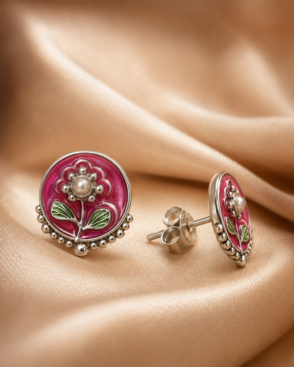 3 Pairs Pink Floral Stud Earrings Set for Women | Floral Enamel, Pearl & CZ Diamond Studs | Silver-Plated Fashion Jewelry