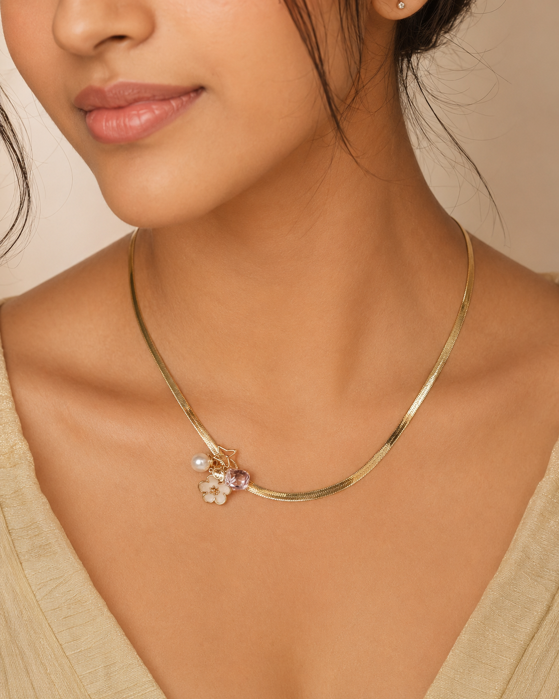 Celestial Bloom Charm Necklace – Gold Plated Snake Chain
