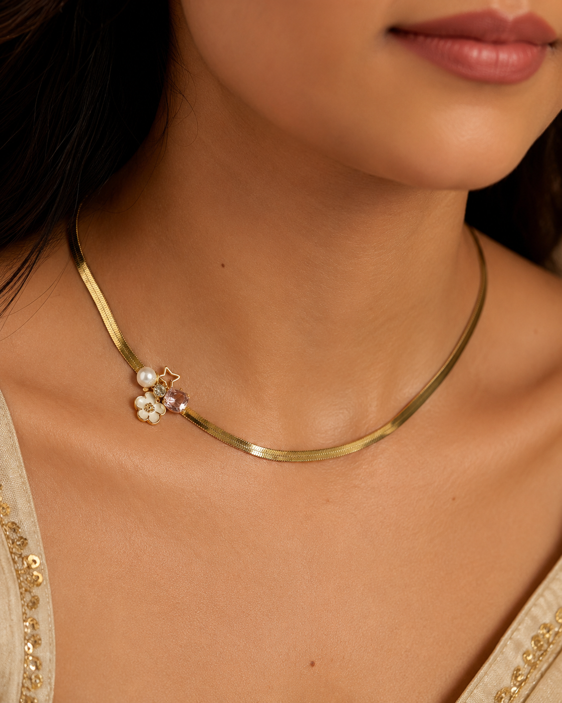Celestial Bloom Charm Necklace – Gold Plated Snake Chain