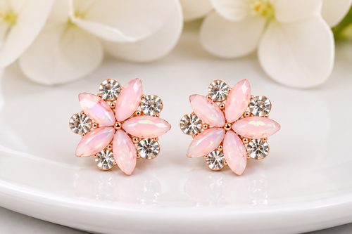 Pink Blossom Crystal Stud Earrings for Women | Rose Gold-Plated Floral Earrings | Elegant Party & Daily Wear Jewelry