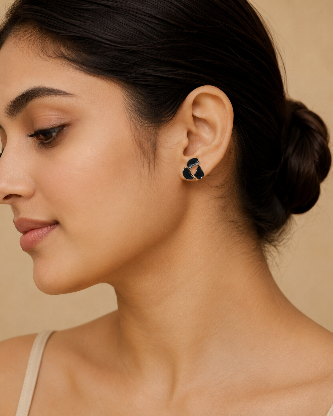 Shreevika Black Enamel Abstract Floral Stud Earrings | Gold-Tone Geometric Earrings for Women & Girls | Lightweight Fashion Jewelry