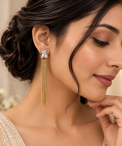 Gold-Tone Crystal Rectangular Tassel Earrings