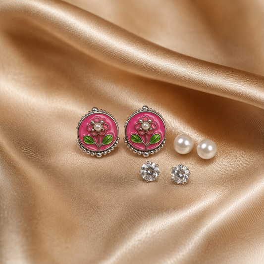 3 Pairs Pink Floral Stud Earrings Set for Women | Floral Enamel, Pearl & CZ Diamond Studs | Silver-Plated Fashion Jewelry