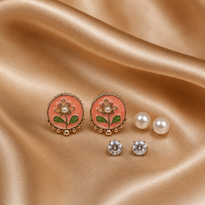 3 Pairs Floral Enamel Stud Earrings Set for Women | Pearl, CZ Diamond & Peach Flower Studs | Gold-Plated Fashion Jewelry