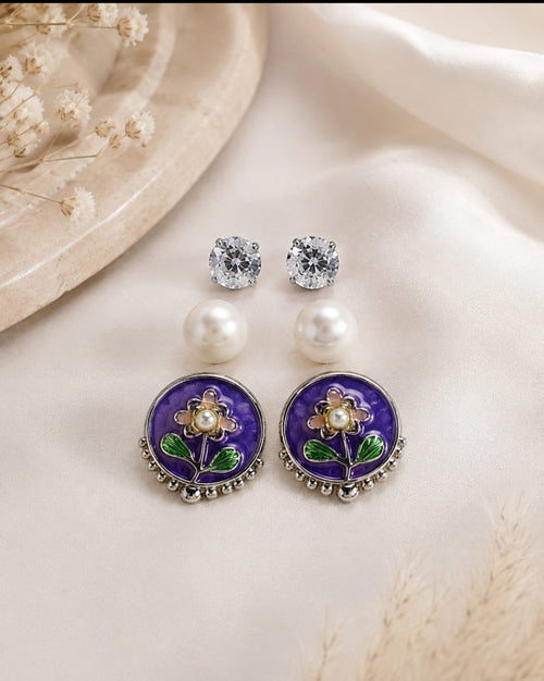 Purple Floral Pearl Stud Earrings | Gold-Plated Enamel Flower Earrings | Elegant Party & Ethnic Wear Earrings for Women