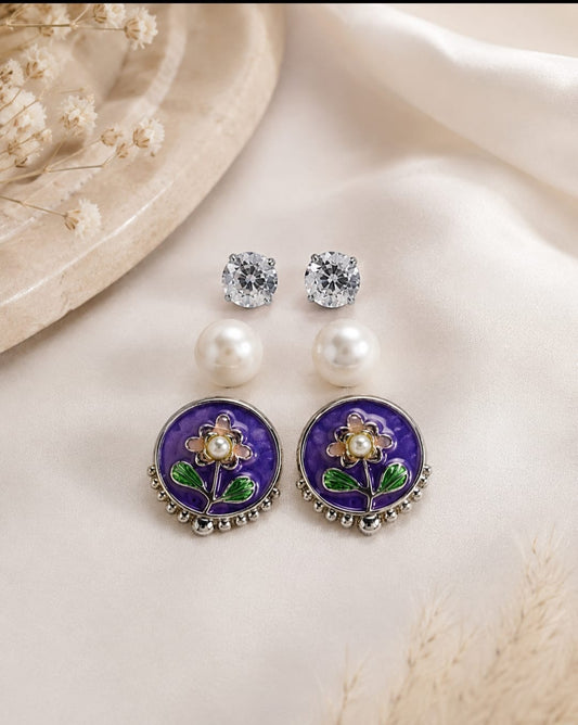 Purple Floral Pearl Stud Earrings | Gold-Plated Enamel Flower Earrings | Elegant Party & Ethnic Wear Earrings for Women