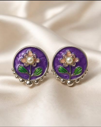 Purple Floral Pearl Stud Earrings | Gold-Plated Enamel Flower Earrings | Elegant Party & Ethnic Wear Earrings for Women