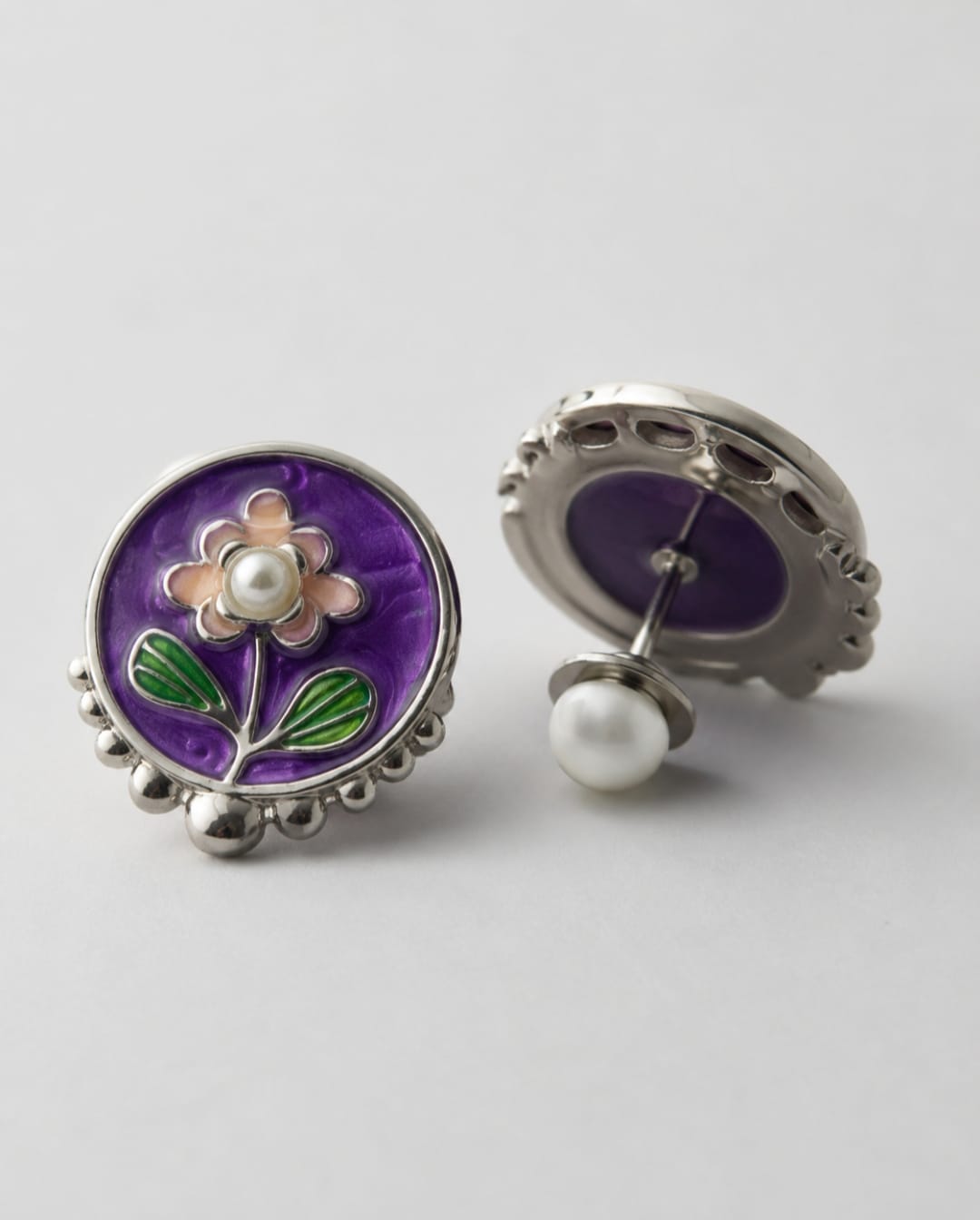Purple Floral Pearl Stud Earrings | Gold-Plated Enamel Flower Earrings | Elegant Party & Ethnic Wear Earrings for Women
