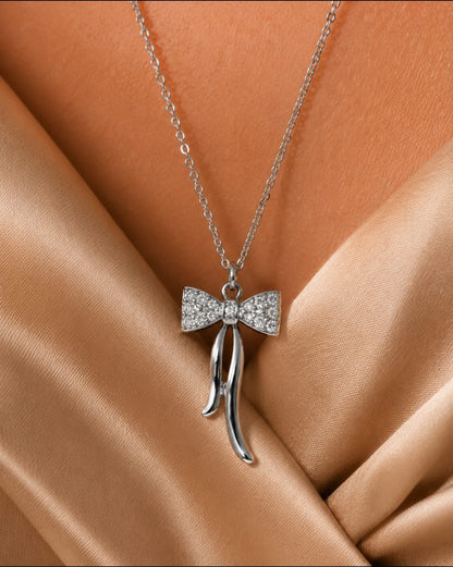 Sparkling Bow Pendant Necklace – Elegant Silver Bow Charm Necklace for Women