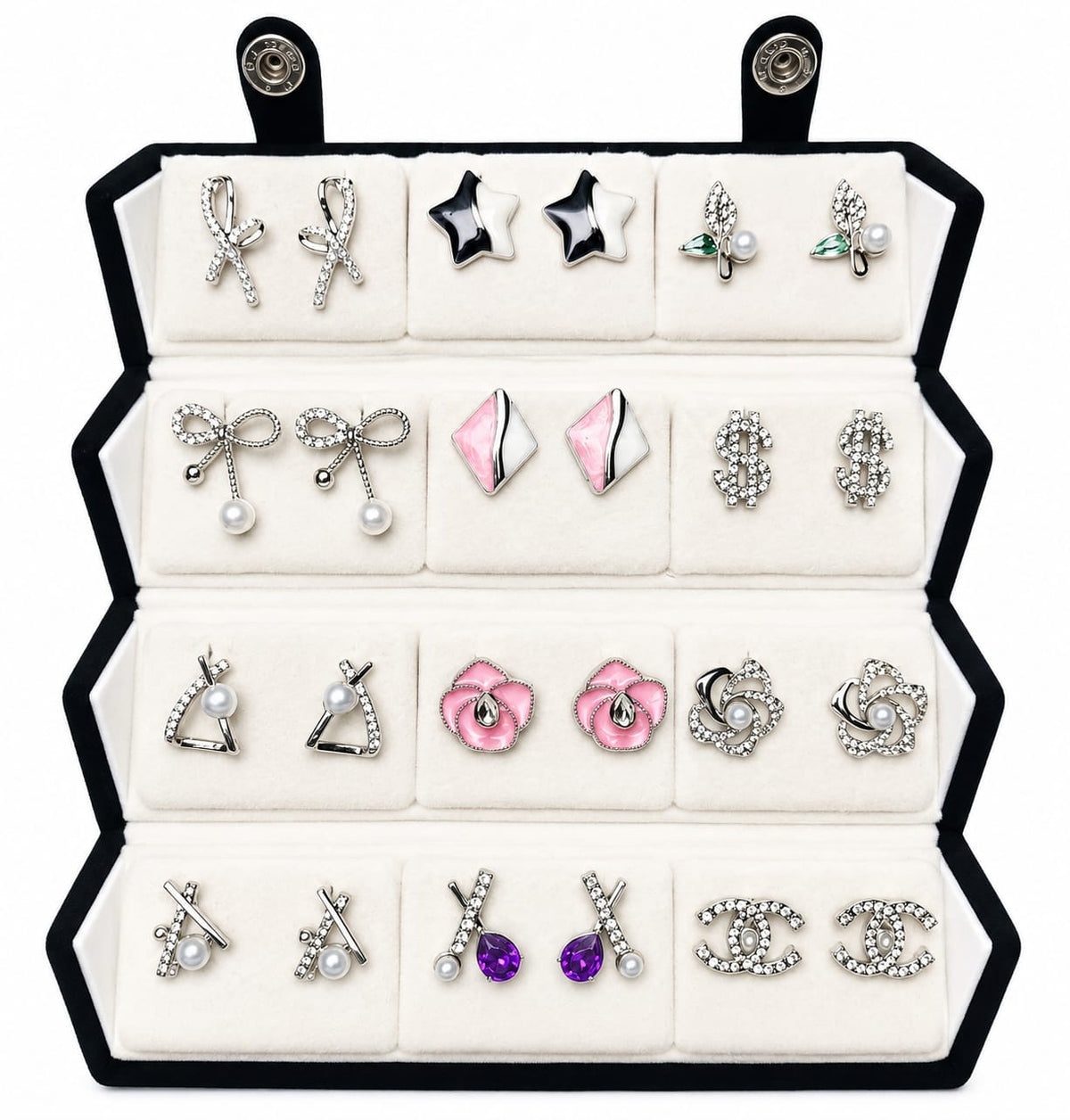 16 Pairs Trendy Stud Earrings Set for Women | Crystal, Pearl & Enamel Fashion Earrings | Silver-Plated Multipack Jewelry